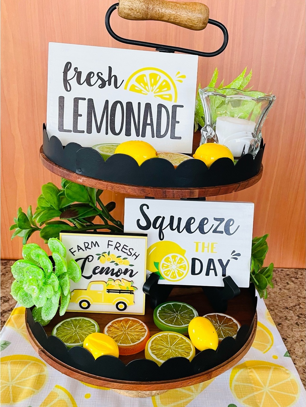 Fresh Lemonade Tiered Tray Decor - Yellow Lemon Accent